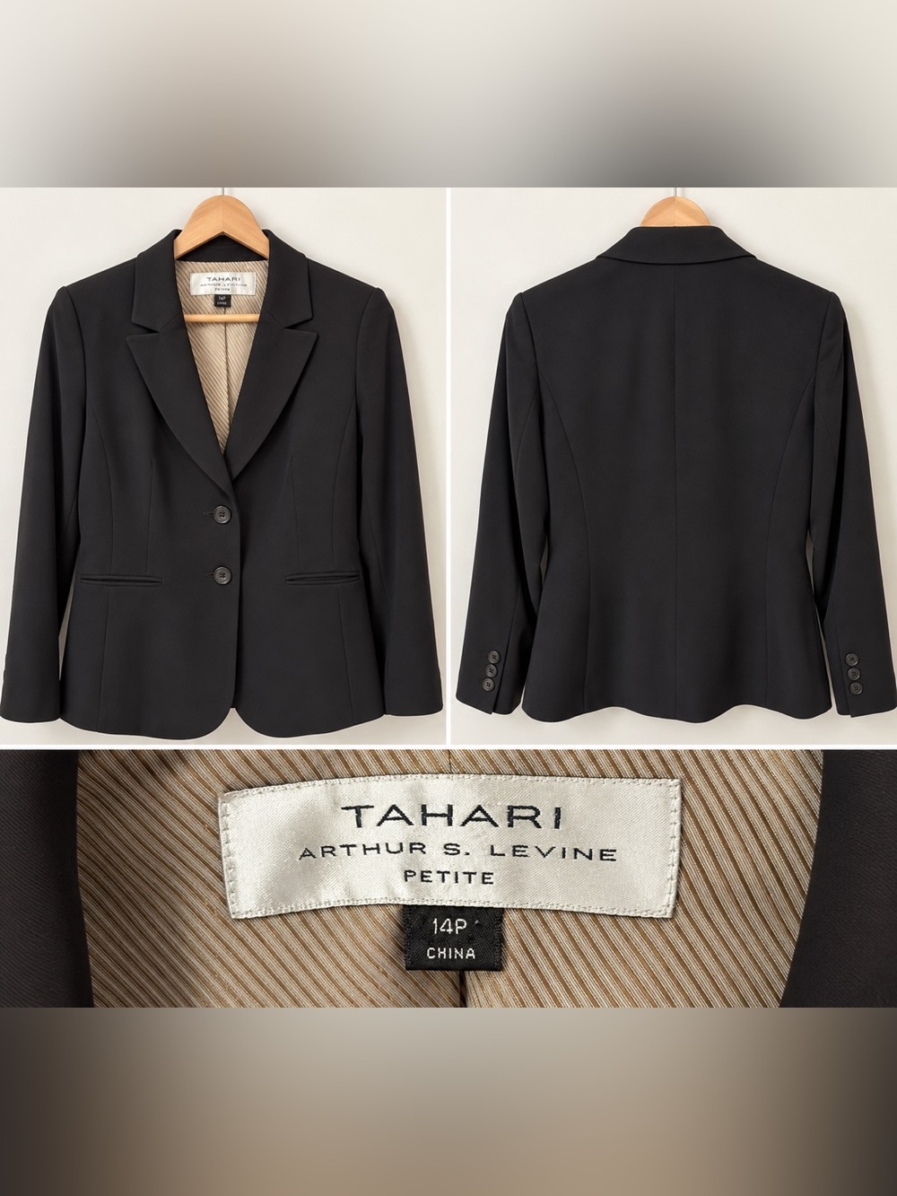 Tahari Arthur S. Levine Petite Blazer 14P Black 2 Button Career Jacket Excellent